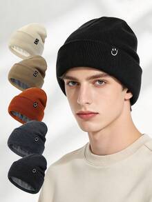 1pc Men Black Solid Thermal Lined Thick Knit Beanie Hat, Casual Pullover Cap Suitable For Daily Outdoor Use To Keep Warm In Extremely Cold Weather Fall Outfit - Multicolor - View 2