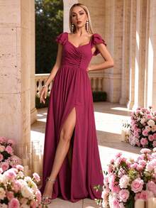 Fall Winter Elegant Ruffle Cap Sleeve Sweetheart V Neck Ruched Bodice Side High-Slit Chiffon Bridesmaid Maxi Dress Formal Gown, Party Wedding Daily - Red Violet - View 5