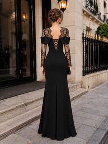 VIPGIRL Black Evening Dress Off Shoulder Lace Sheer Long Sleeve Corset Lace Up Backless Bodycon Mermaid Floor Length Prom Gala Maxi Formal Dress - Black - View 2