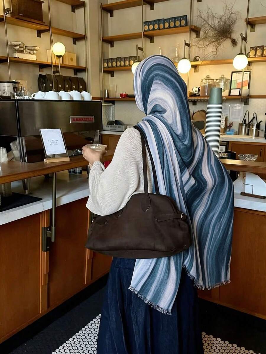 1PC Women's Bohemian Style Water Ripple Print Voile Hijab, Remove Edge, Fringed Fashion Versatile Scarf, Soft Breathable Muslim Daily Headscarf - Blue - View 1