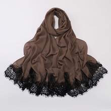 New Pearl Chiffon Double-Layered Lace Trim Long Scarf, Malay Veil - Pine Needle Green - View 5