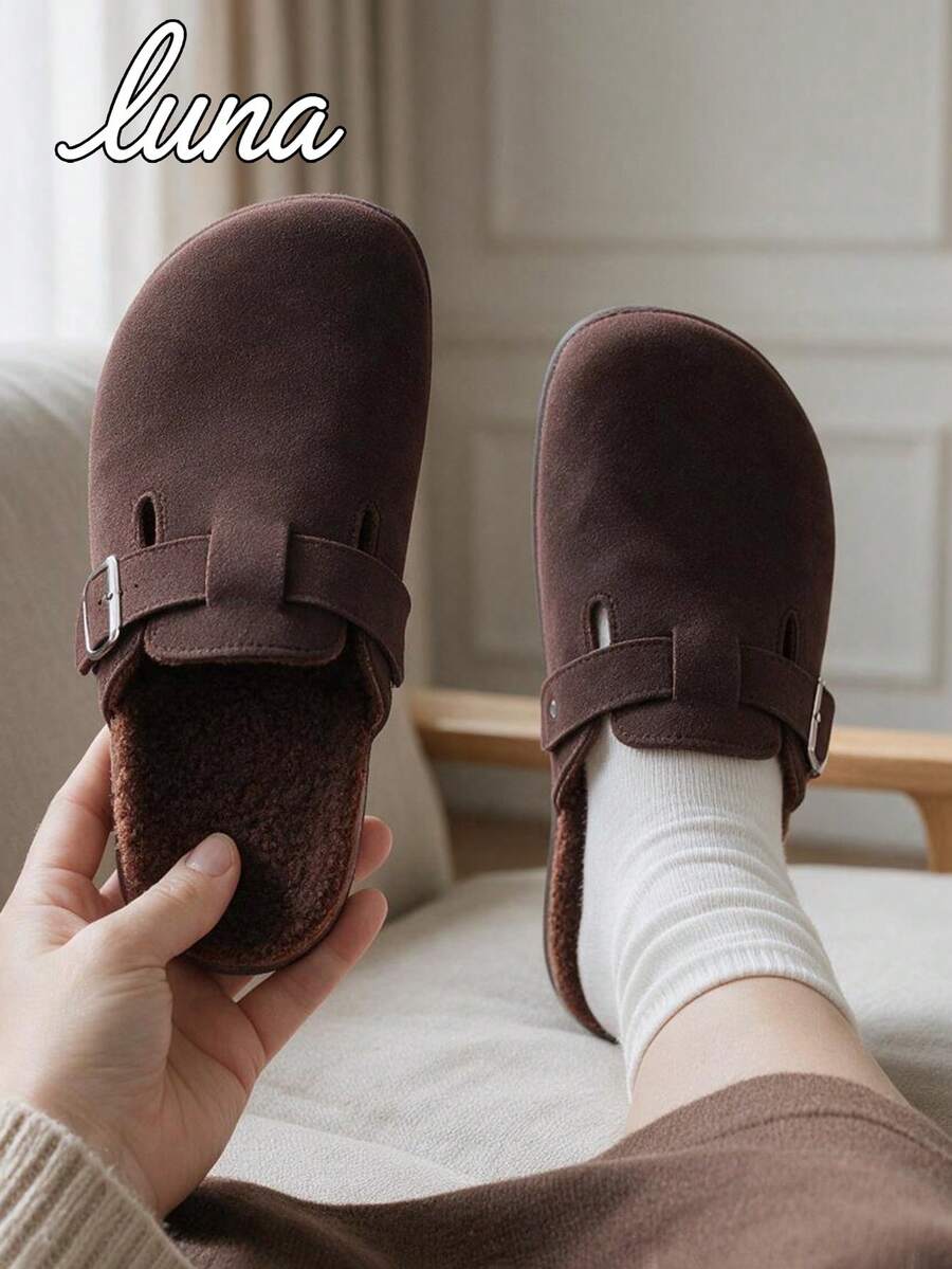 Wide Fit Closed Toe Cork Slippers, Suede Upper Slip-On, Fashionable Plus Size European & American Style Unisex Couple Closed Toe Slippers, Available In Thermal Lined And Non-Thermal Lined Options, Suitable For Wide Feet