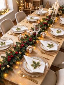 1pc/2pcs/4pcs 100% Polyester Embroidered Maple Leaf Cloth Napkins, White Reusable Napkins With Gold Green Leaf Embroidery, Suitable For Autumn Thanksgiving Christmas Wedding Banquet Party Table Decor - Multicolor - View 9