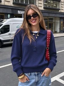 JustMiss Women's Long Sleeve Casual Daily Korean Style Thick Knit Sweater, Autumn/Winter POLO Collar Half-Button Top - Navy Blue - View 6