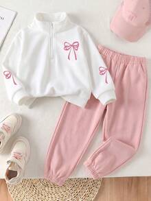 2pcs/Set Girls Toddler Autumn/Winter Sweet Style Bow Print Zipper Stand Collar Sweatshirt And Cuffed Pants Fashion Minimalist Casual Versatile Outfit - Pink - View 2