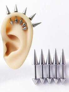 5Pcs/Set Stainless Steel Spike Ear Helix Piercing Earring Devil Ear Stack Cartilage Body Piercing Jewelry Punk Style - Silver - View 10
