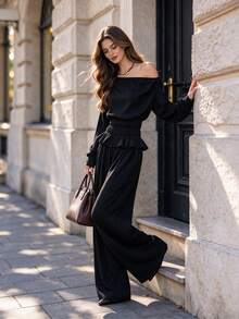 Women Elegant Off Shoulder Ruffle Top Wide Leg Pants 2 Pieces Set Fall Winter Christmas Party Outfit - Black - View 7