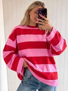 Women's Ribbed Crew Neck Patchwork Wide Stripe Casual Versatile Daily Shopping Top - Rose Red Wide Stripes - View 2