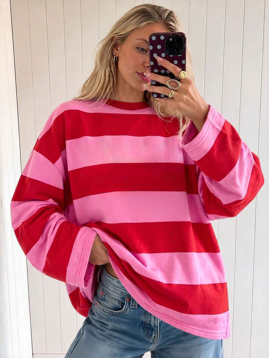 Women's Ribbed Crew Neck Patchwork Wide Stripe Casual Versatile Daily Shopping Top