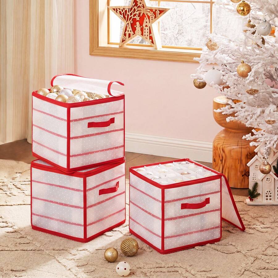 SONGMICS Organizador de Esferas Navideñas, 2 Piezas, 64 Compartimentos Ajustables, Plástico PP, 33.5 x 33.5 x 34 cm, Rojo - Ver 1