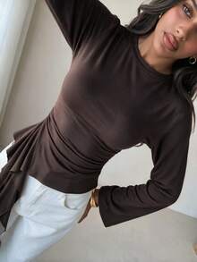 Women's Solid Color Long Sleeve Ruched Asymmetrical Ruffle Hem Design Top, Elegant Knit Fabric Long Sleeve Top For Autumn - Brown - View 5