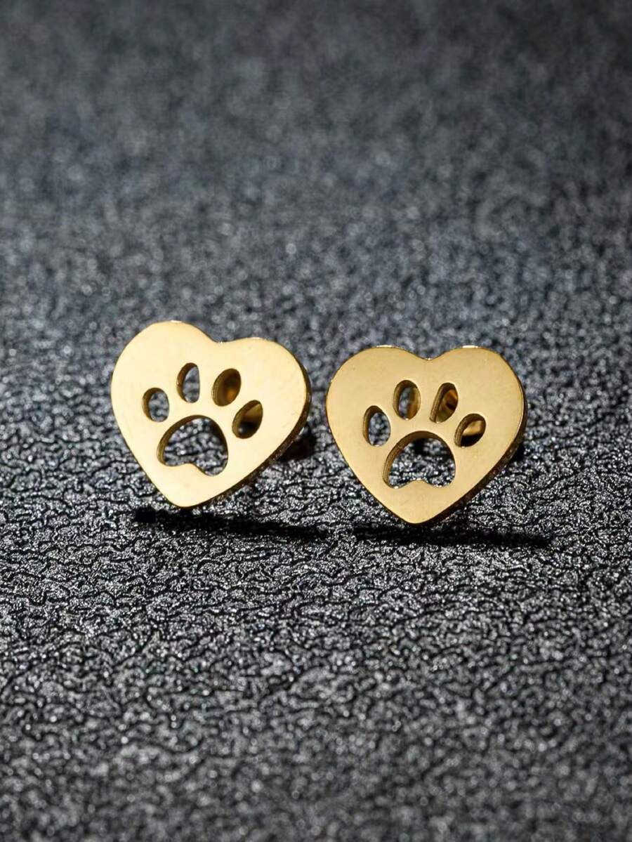 1Pair Heart Shaped Hollow Paw Print Stud Earrings, Cute Animal Paw Stainless Steel Earrings For Pet Lovers - GED439 - View 1
