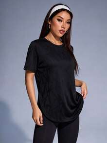 1pc Mesh Patchwork Design Sports T-Shirt, Loose Fit, Comfortable Fabric, Back Mesh Patchwork Design, Geometric Jacquard Fabric, Suitable For Running, Fitness, Yoga, Pilates And Other Activities - Black - View 5