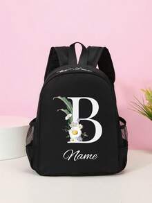 1pc Customizable Minimalist Black Backpack, A-Z 26 Letters White Daisy Pattern, With Zipper Closure And Adjustable Shoulder Straps, Durable And Long-Lasting, Perfect For Daily Use, School And Travel, Ideal Birthday Gift, Christmas Gift - Black - View 13