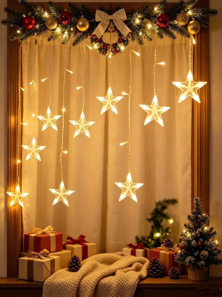 1pc Warm White Star Hanging Curtain Lights, Battery Powered LED Fairy Lights, Christmas Xmas Window Winter New Year Holiday Indoor Home Bedroom Wall Wedding Birthday Holiday Gathering Festive Atmosphere Decor Curtain Lights