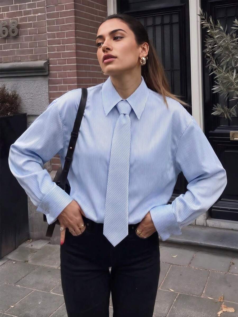 Women's Blue Striped Long Sleeve Shirt, Tie Collar Design, Woven Non-Stretch Fabric, Regular Fit Commuter Fashion Versatile Preppy Style Top - White - View 1