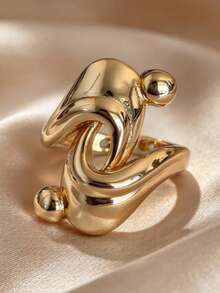 Copper Alloy Abstract Twisted Open Ring, Gold Tone Asymmetrical Curved Adjustable Finger Ring, Statement Jewelry For Women - Geometric Knot - View 7