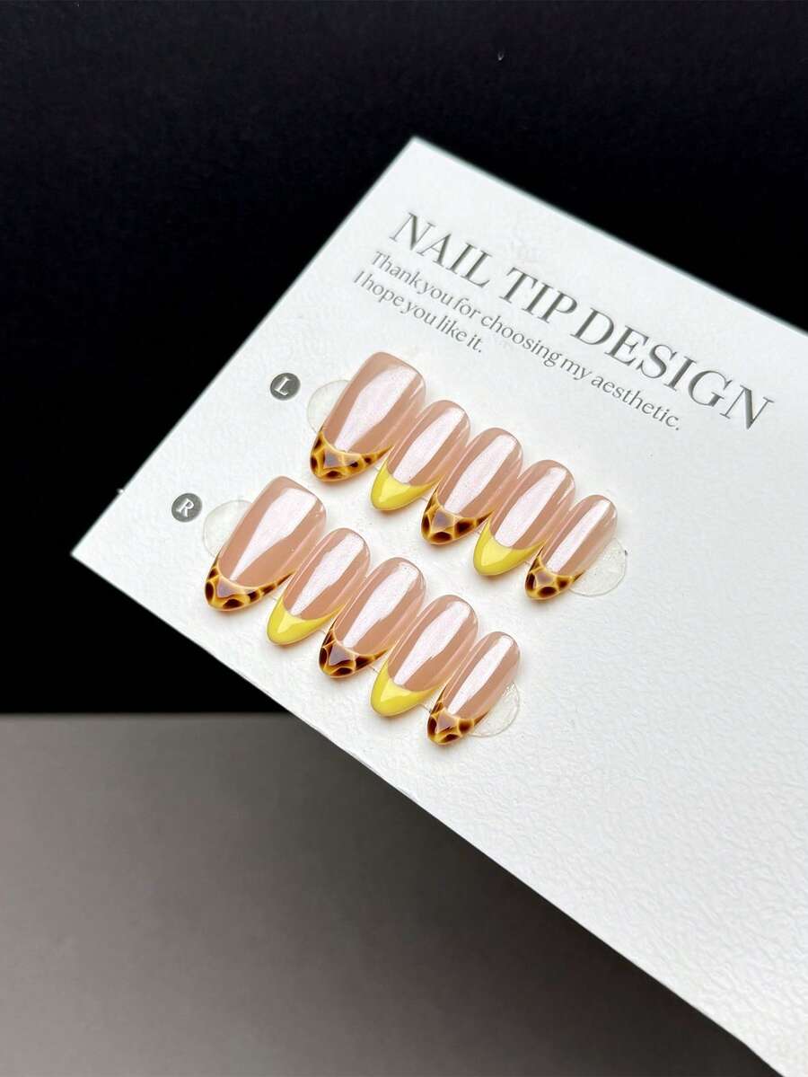 10Pcs Handmade Press On Nails, Short Almond Fake Nails, Fall Winter Design, Nude Base With Handpainted Yellow And Tortoiseshell Leopard French Tips, Aurora Moonlight Powder, Reusable Fake Nails For Women Girls Daily Wear, With Nail Kit - Multicolor - View 1