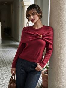 Women's Fall 2 Pieces Knit Set, Burgundy Long Sleeve Sweater With Hollow Out Metal Buckle Shawl - Red - View 7