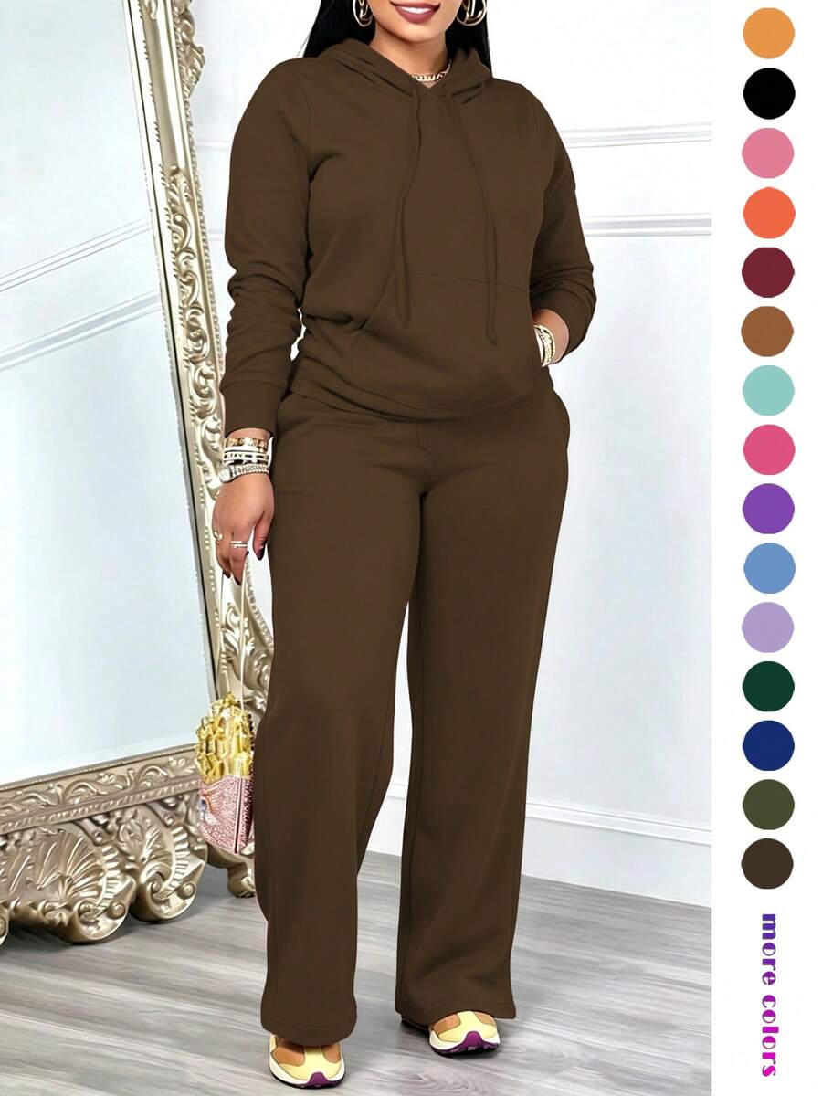 Women's Casual 2 Pieces Set Lightweight Soft Solid Color Long Sleeve Hooded Drawstring Pocket Sweatshirt And Straight Leg Drawstring Pants Outfit, Suitable For Spring And Autumn