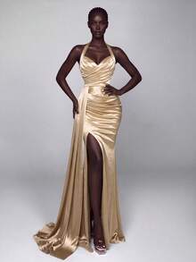 Elegant Halter Neck Pleated Maxi Dress With High Slit, Draped Fishtail Silhouette And Train, Suitable For Photography, Beach Vacation, Resort, Evening Party - Champagne - View 1