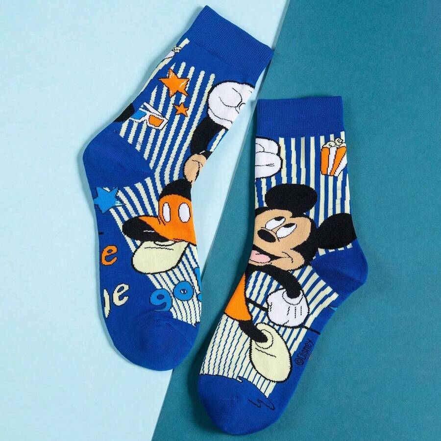 Disney Official Licensed Mickey Mouse Cartoon Crew Socks, Women Cute Striped Popcorn Print Mid-Calf Cotton Socks - Style Random - View 1