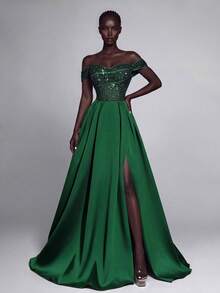 Women's Elegant Emerald Green Cold Shoulder Long Maxi Dress, Sequin Bodice, Thigh-High Slit, Suitable For Formal Evening Wear - Dark Green - View 1