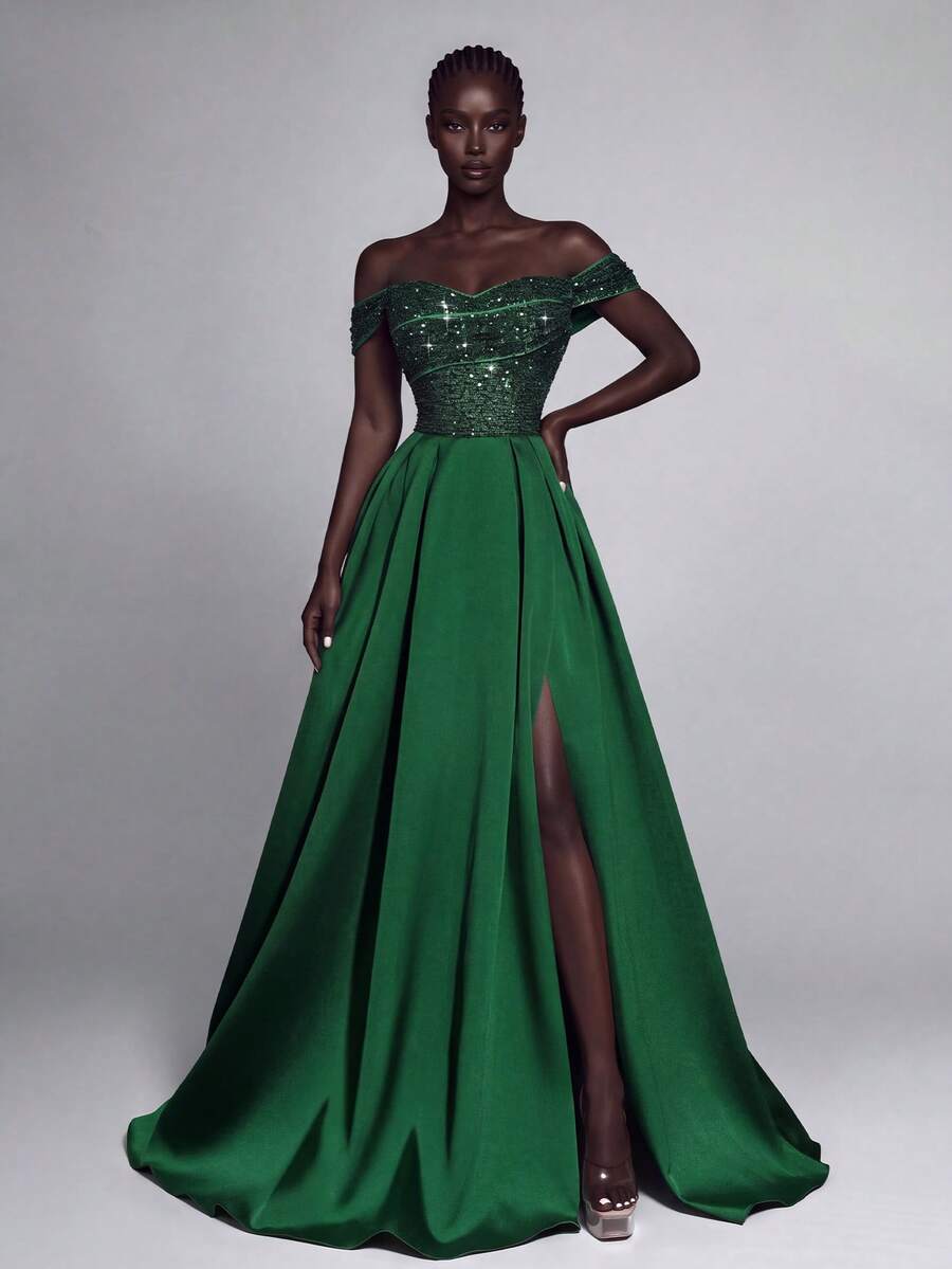 Women's Elegant Emerald Green Cold Shoulder Long Maxi Dress, Sequin Bodice, Thigh-High Slit, Suitable For Formal Evening Wear - Dark Green - View 1