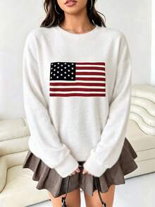 Plus Size Women's Leopard Print Christmas Tree & Heart Print Crew Neck Pullover Knit Sweater, Loose Long Sleeve Top - White - View 1