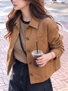 Women's Vintage Brown Short Suede Jacket, Casual Button-Front Pocket Shirt Jacket, Suitable For Autumn/Winter - Camel - View 2