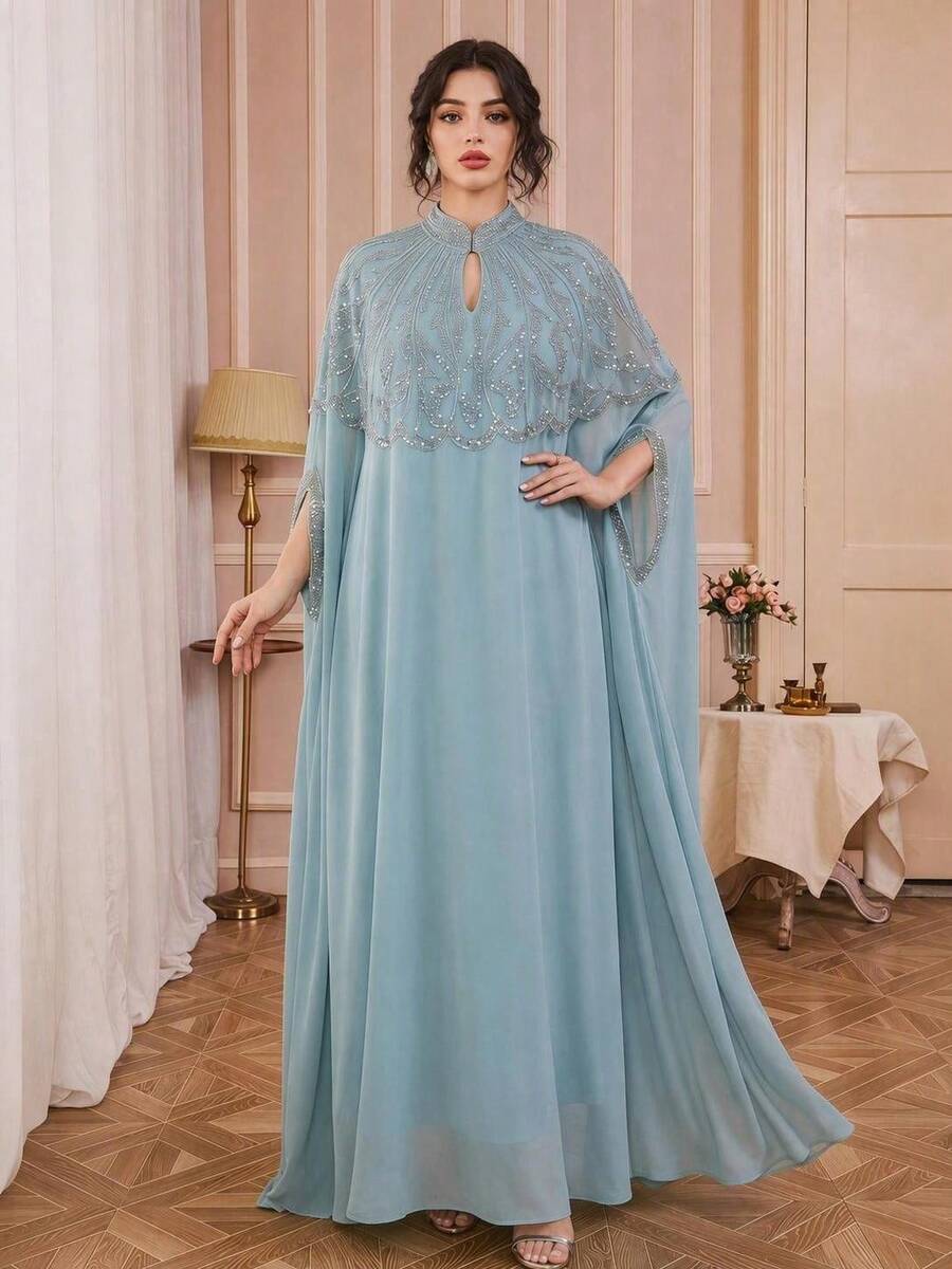 Solessence Plus Size Arabic Style Dress, Keyhole Neckline, Batwing Sleeves, Long Woven Fabric With Applique, Beaded Embroidery, Regular Hemline Spring - Mint Green - View 1