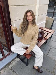Aflion Women's Fall & Winter Clothing, Khaki Round Neck Vertical Ribbed Knit Sweater, Long Sleeve Loose Fit, Thanksgiving Christmas Outfit - Khaki - View 10