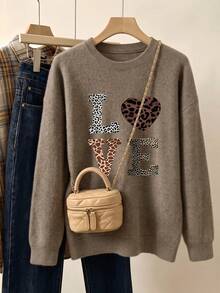 Plus Size Women's Heart & Leopard Print Faux Cashmere Top, Warm & Comfortable Casual Wear, Combining Relaxed Comfort With A Stylish, Look - Earth Gray - View 10
