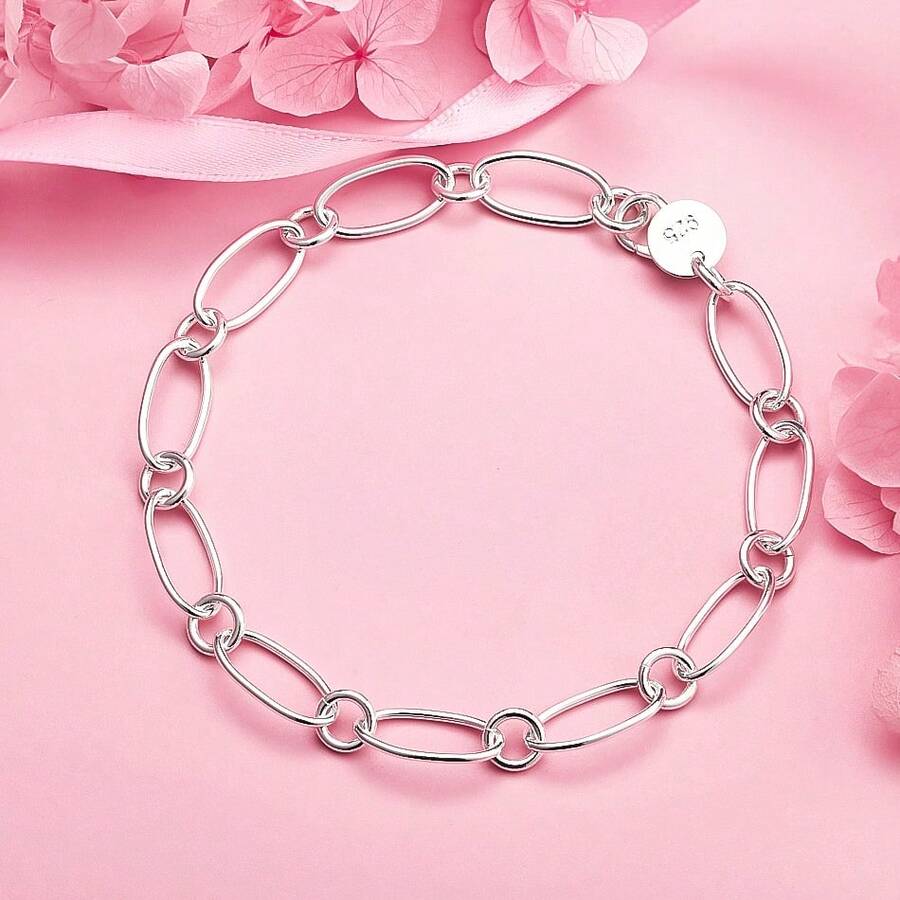 1pc 925 Silver-Plated Minimalist Oval Link Chain Bracelet – Stylish Women's Accessory For Weddings And Parties - Silver - View 1