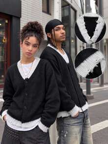 BLACKTOEXIT 1PC Couple V-Neck Fuzzy Sweater, Minimalist Lazy Loose Knit Top, Christmas, Autumn/Winter - Black - View 2