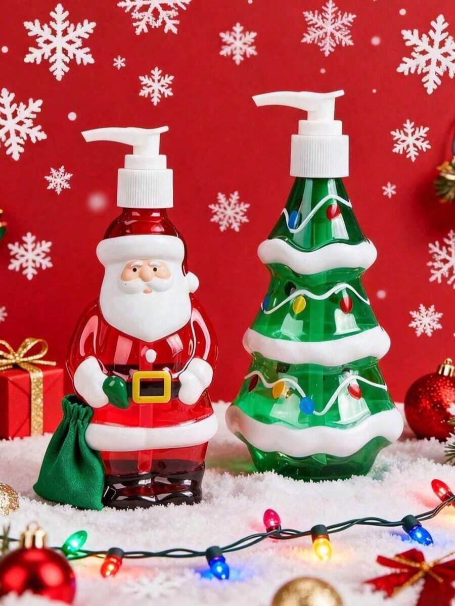 1pc 350ml Santa Claus & Christmas Tree Pattern Refillable Pump Bottle, Plastic Hand Soap/Shampoo/Body Wash Dispenser, Screw Cap Unscented, Christmas Bathroom Decor Liquid Storage, Kitchen Countertop Storage, Home Christmas Gift - Multicolor - View 1
