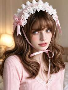 1pc Women's Lolita Pink Lace Headband Hair Clip, Sweet Girl Ruffled Bow Ribbon Headband, Lolita Style Hair Accessory - White - View 1