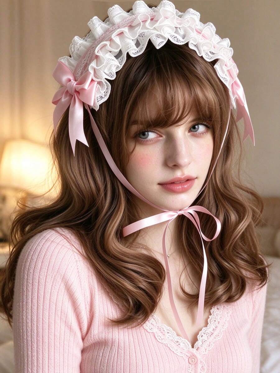 1pc Women's Lolita Pink Lace Headband Hair Clip, Sweet Girl Ruffled Bow Ribbon Headband, Lolita Style Hair Accessory - White - View 1