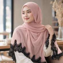 New Pearl Chiffon Double-Layered Lace Trim Long Scarf, Malay Veil - Pine Needle Green - View 9