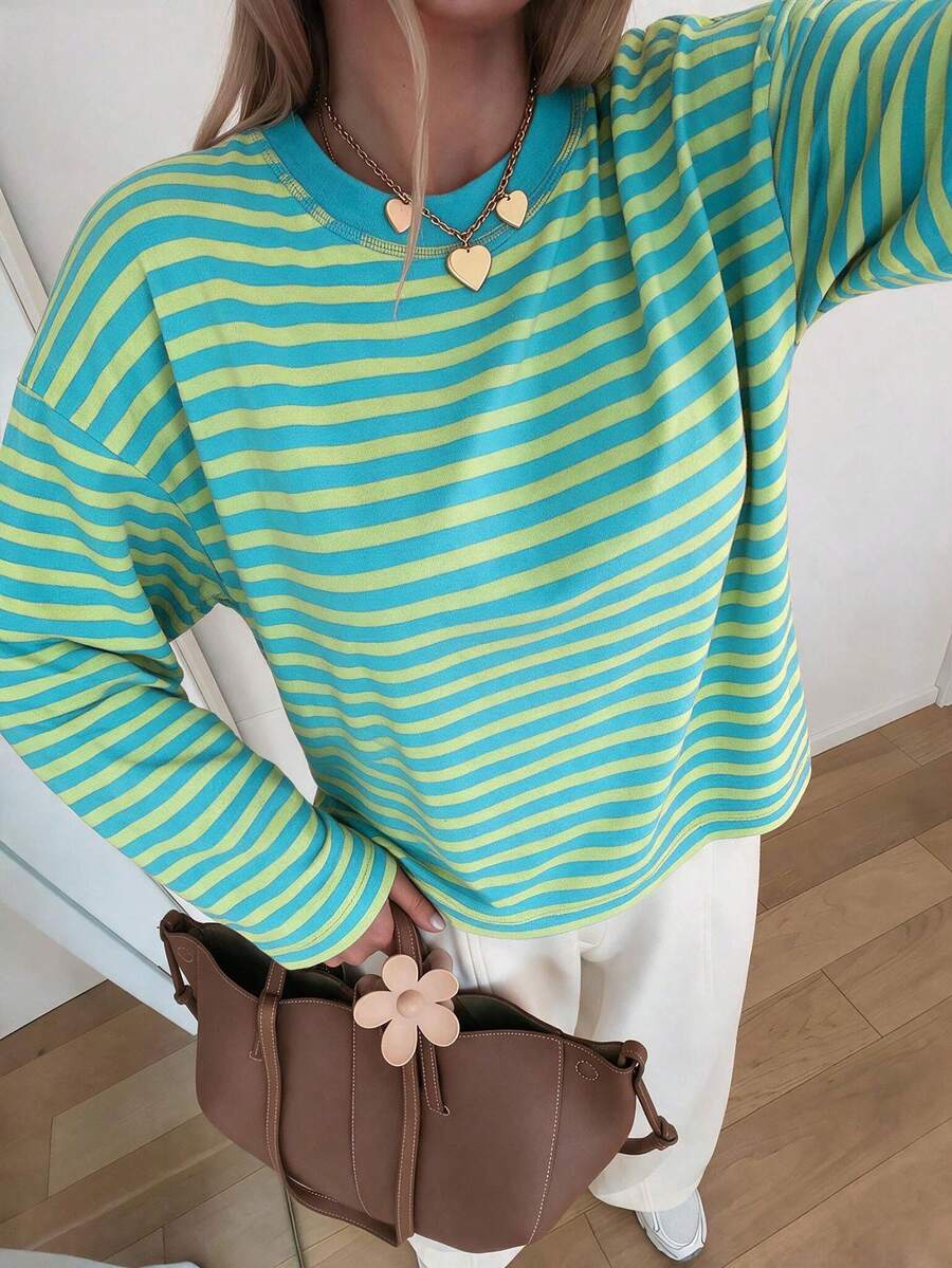 女款休閒圓領落肩長袖條紋聖誕黑紅對比羅紋日常T恤