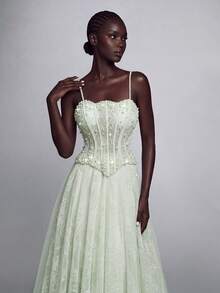 Women Elegant Spaghetti Strap Long Mesh Formal Dress Beaded Corset Bodice Flared Ball Gown Silhouette For Evening Occasions - Grass Green - View 6