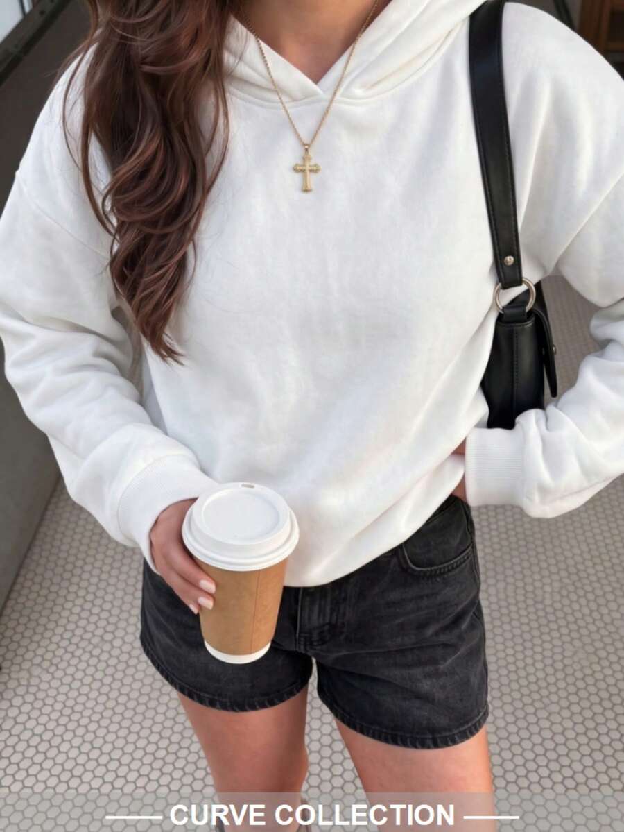Plus Size White Minimalist Style Women's Comfortable Loose Long Sweatshirt, Solid Color, Suitable For Autumn/Winter, Daily Wear Essential - White - View 1