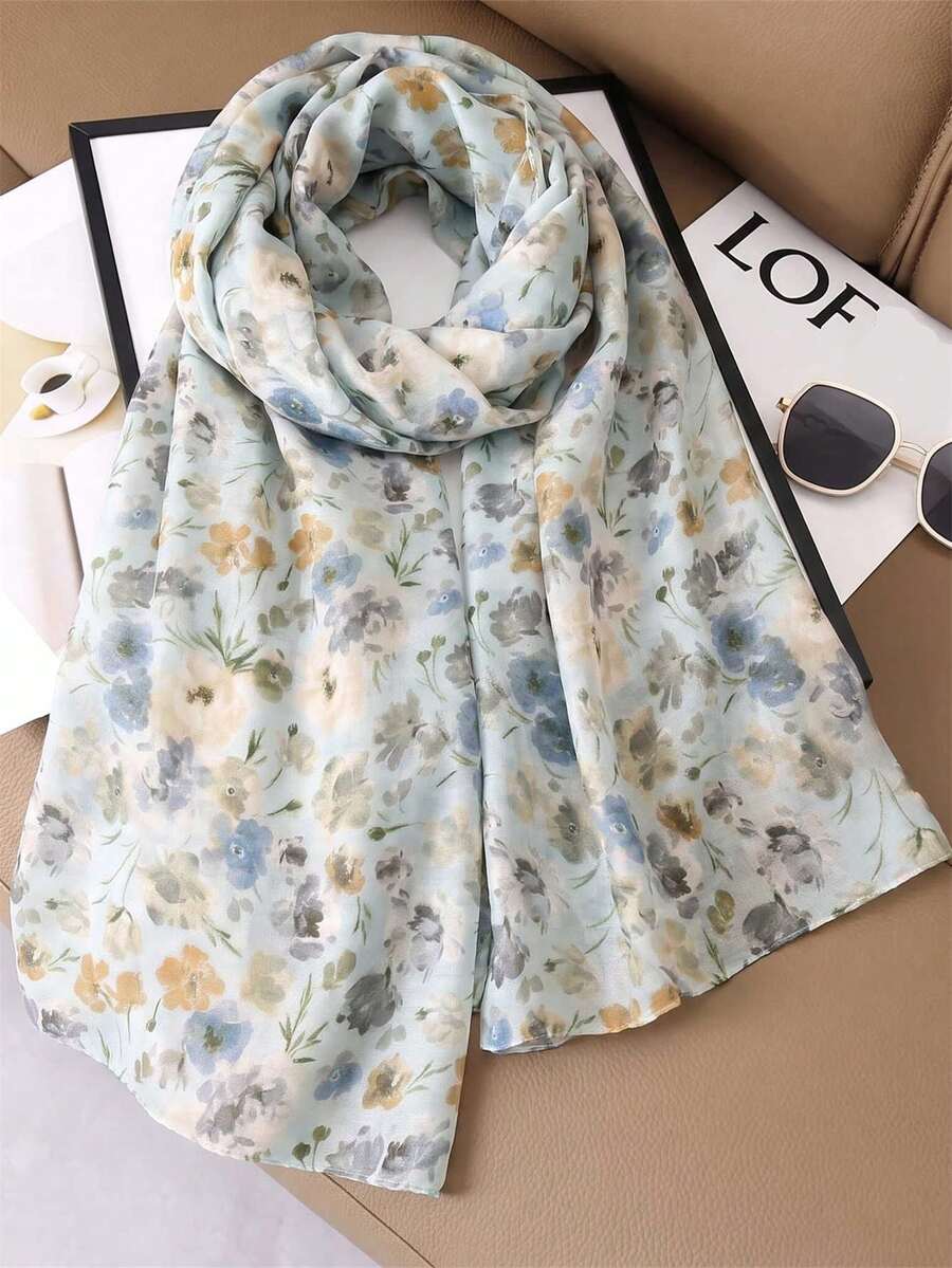 1件女款粉色波希米亞風水彩花卉印花黏膠纖維圍巾,休閒街頭希賈布披肩,適合日常穿搭 - 淺藍色 - 查看 1