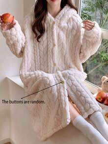 Women's Autumn/Winter Flannel Long Robe, Coral Fleece Loose Casual Style, Cute Thick Hooded Student Winter Long Robe - Multicolor - View 15