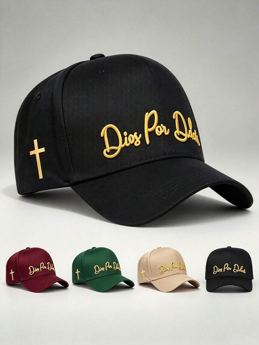 1pc Caps For Men 'Dios Por Dios' Embroidery, Side Golden Cross Printing Baseball Cap Adjustable Design Perfect For Parties Running And Sun Protection