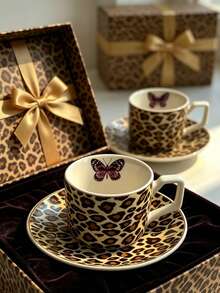 1 Set 90ml Leopard Print Butterfly Ceramic Coffee Cup & Saucer, Microwave And Dishwasher , Espresso, Arabic Coffee Cup, Saudi Coffee Cup, Suitable For Afternoon Tea, Cafe, Kitchen, Perfect Gift - Multicolor - View 1