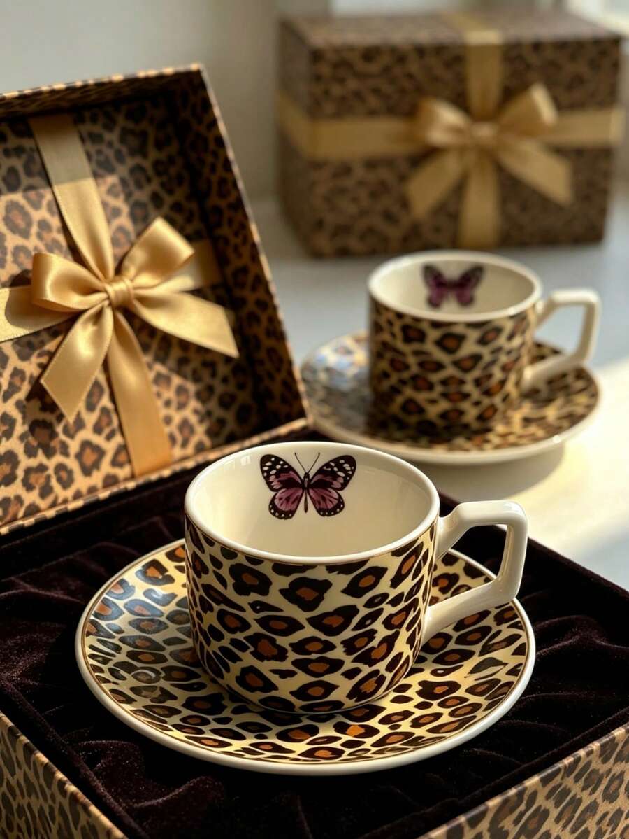 1 Set 90ml Leopard Print Butterfly Ceramic Coffee Cup & Saucer, Microwave And Dishwasher , Espresso, Arabic Coffee Cup, Saudi Coffee Cup, Suitable For Afternoon Tea, Cafe, Kitchen, Perfect Gift - Multicolor - View 1