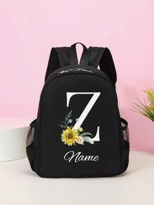 1pc Customizable Minimalist Black Backpack, A-Z 26 Letters White Daisy Pattern, With Zipper Closure And Adjustable Shoulder Straps, Durable And Long-Lasting, Perfect For Daily Use, School And Travel, Ideal Birthday Gift, Christmas Gift - Black - View 28