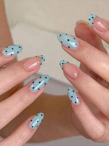 30pcs Y2K Polka Dot Almond Shaped Medium Length French Style Fake Nails Set, Includes 1 Double-Sided Adhesive And 1 Nail File, Autumn Nails And Polka Dot Nail Art Suitable For Party, Dance And Daily Use - Multicolor - View 10