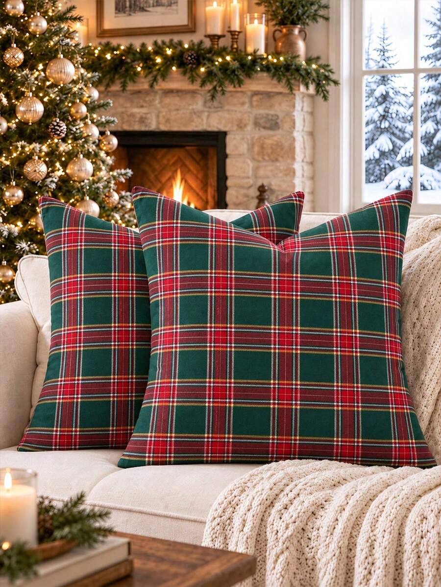 1pc/2pcs Green & Red Plaid Christmas Pillow Case, Vintage Farmhouse Style Sofa Cushion Cover, Holiday Decor - Green Tartan Plaid Pillow Covers - View 1